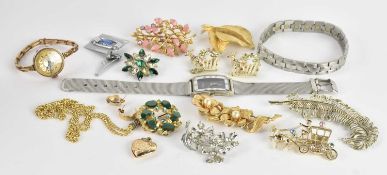 Various items of costume jewellery including lady's wristwatches, brooches, a necklace, earrings,