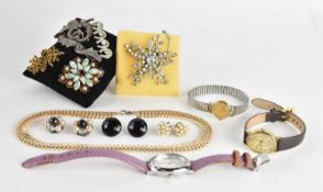 Various items of costume jewellery including brooches, lady's wristwatches, necklaces, earrings,