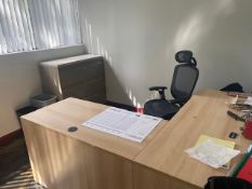 LOT OF 2 (66IN. X 78IN.)WOOD COLORED L DESKS WITH 1 WHITE (42IN. X 40IN.) 3 DRAWER FILE CABINET, 1