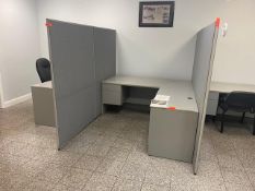 LOT OF 3 (84IN. X 72IN.) L DESKS WITH 4 (48IN. X 72IN.) OFFICE PARTITIONS SUPPORT EQUIPMENT.
