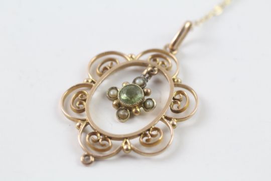 9ct gold vintage green gemstone & seed pearl pendant necklace - Image 3 of 4