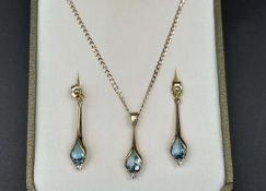 Blue Topaz and Gold Drop Pendant and Earring set