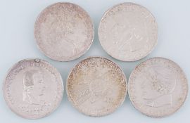 Fünf Silber 5 DM Gedenkmünzen 1952, 1955, 1957, 1959, 1977,