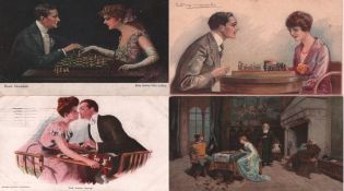 Postkarte. Galante Paare und Liebespaare beim Schachspiel. Konvolut mit 26 teilweise farbigen und