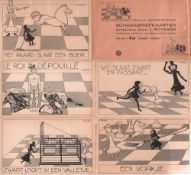 Postkarte. Karikaturen mit vermenschlichten Schachfiguren. Serie mit 12 humoristischen schwarzweißen