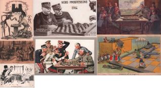 Postkarte. Karikaturen, meist zum 1. Weltkrieg. Konvolut von 7, meist farbigen und teilweise