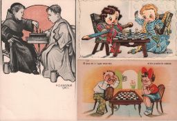 Postkarte. Karikatur – Junge und Mädchen beim Schach. Farbige und postalisch nicht gelaufenen
