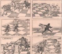 Postkarte. Karikaturen. Serie mit 12 schwarzweißen und postalisch nicht gelaufenen Postkarten mit