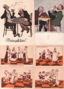 Postkarte. Karikatur. Schachspieler. Farbige und postalisch nicht gelaufene Postkarte nach Jung