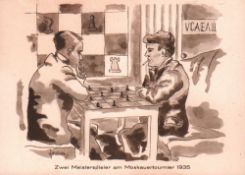 Postkarte. Fourri. “Zwei Meisterspieler am Moskauertournier 1935“. Postalisch nicht gelaufene