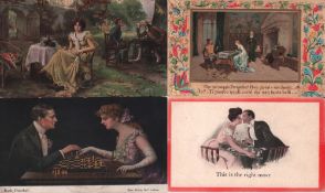 Postkarte. Galante Paare und Liebespaare beim Schachspiel. Konvolut mit 22 teilweise farbigen und