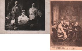 Postkarte. Schachspielszene mit der Familie von Fritz Pack. Schwarzweiße, postalisch gelaufene