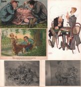 Postkarte. Karikatur. Schachspieler. Farbige und postalisch nicht gelaufene Postkarte nach Franz