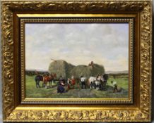 Lohmann, Adolf. “Die Heuernte“. Ölmalerei auf dünner Holzplatte (Mischtechnik). Unten links signiert