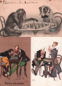 Postkarte. Karikatur. Affe und Hund beim Schach. Farbige und postalisch gelaufene Postkarte, ca.
