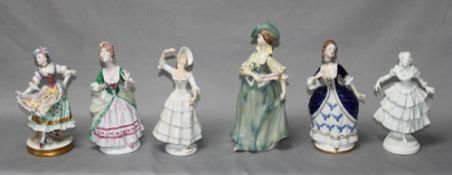 Porzellan. Beispielsammlung. Weibliche Porzellanfiguren. Sechs polychrome Porzellanfiguren,