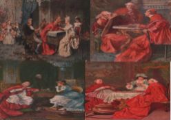 Postkarte. Geistliche Herren beim Schachspiel. 4 farbige, teils postalisch gelaufene Postkarten