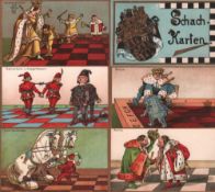 Postkarte. Karikaturen mit vermenschlichten Schachfiguren. Serie mit 12 farbigen postalisch nicht