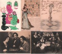 Postkarte. Schach mit Damen. 5 teils farbige und teils postalisch gelaufene Postkarten (3