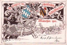 Postkarte. München 1900. Farbige, postalisch gelaufene Postkarte zum XII. Kongress des Deutschen