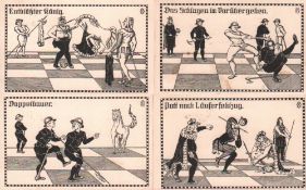 Postkarte. Karikaturen. "Die lustige Schachreihe". Serie mit 10 schwarzweißen und postalisch nicht