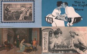 Postkarte. Galante Paare und Liebespaare beim Schachspiel. Konvolut mit 24 teilweise farbigen und