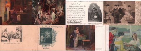 Postkarte. Damen beim Schachspiel. 25 meist farbige und teils postalisch gelaufene Postkarten, meist