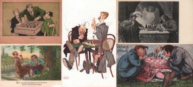 Postkarte. Karikatur. Schachspieler. Farbige und postalisch nicht gelaufene Postkarte nach Franz