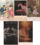 Postkarte. Galante Paare und Liebespaare beim Schachspiel. Konvolut mit 23 teilweise farbigen und