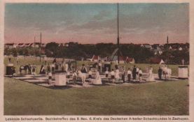 Postkarte. Arbeiterschach. “Lebende Schachpartie. Bezirkstreffen des 3. Bez. 6. Kreis des