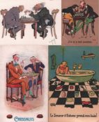 Postkarte. Karikatur. Schachspieler. 4 farbige und teils postalisch gelaufene Postkarten aus den