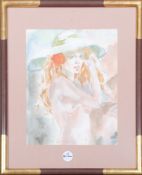 Maler des 20. Jhs. Mädchenakt mit Hut. Aquarell/Papier, hi./Gl. gerahmt, 35 x 27,5 cm.