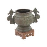ANTIQUE CHINESE QING BRONZE TWIN HANDLED CENSER