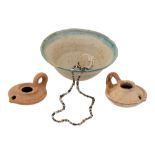 ANCIENT NEAR EASTERN OIL LAMPS AND ROMAN BEADED NECKLACE