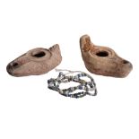 ANCIENT BYZANTINE OIL LAMPS AND ROMAN BEADED NECKLACE