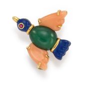 BROCHE EN OR, ÉMAIL, CORAIL, CALCÉDOINE ET RUBIS, SIGNÉE CARTIER, 1991