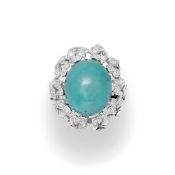 BAGUE EN OR, TURQUOISE CABOCHON ET DIAMANTS