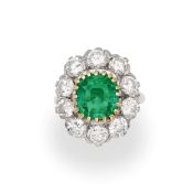 BAGUE EN OR, PLATINE, ÉMERAUDE ET DIAMANTS