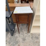 AN EDWARDIAN MAHOGANY AND INLAID POT CUPBOARD WITH MARBLE TOP