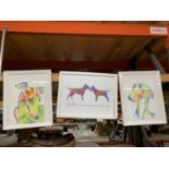 THREE FRAMED COLOURFUL PRINTS OF WHIPPETS AND ENGLISH BULL TERRIERS