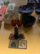 A QUANTITY OF ITEMS TO INCLUDE TWO PORTMEIRION VASES, VINTAGE PHOTO FRAMES, LARGE BLUE AND WHITE