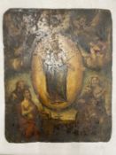 AN ANTIQUE OIL PAINTING OF THE VIRGIN MARY ON TIN, 27CM X 22CM