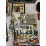 THREE CERAMIC PLAQUES PLUS A J GOODFELLOW DISH