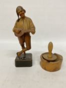 A VINTAGE HAND CARVED AND PAINTED FIGURE OF AN ITALIAN MUSICIAN, HEIGHT 26CM, PLUS A WOODEN BOBBIN