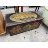 A VICTORIAN PAINTED BLANKET CHEST WITH IMAGE OF MASTED SHIP TO TOP AND BOSTON 1850 PAINTED TO FRONT,