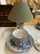 THREE PIECES OF HIGHLAND STONEWARE, SCOTLAND 'IRIS' PATTERN POTTERY TO INCLUDE A TABLE LAMP, LARGE