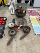 AN ASSORTMENT OF VINTAGE ITEMS TO INCLUDE CHURN FILTERS AND A CORN SCOOP ETC
