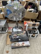 AN ASSORTMENT OF ITEMS TO INCLUDE A RACLETTE GRILL AND A FAN ETC