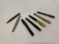 SEVEN VINTAGE FOUNTAIN PENS WITH 14CT GOLD NIBS TO INCLUDE, CONWAY STEWART, BLACKBIRD, SCHEAFFERS,