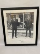 A 1960s GEORGE BEST AND MIKE SUMMERBEE LARGE SIGNED PRINT, OUTSIDE 'EDWARDIA', 86CM X 78CM